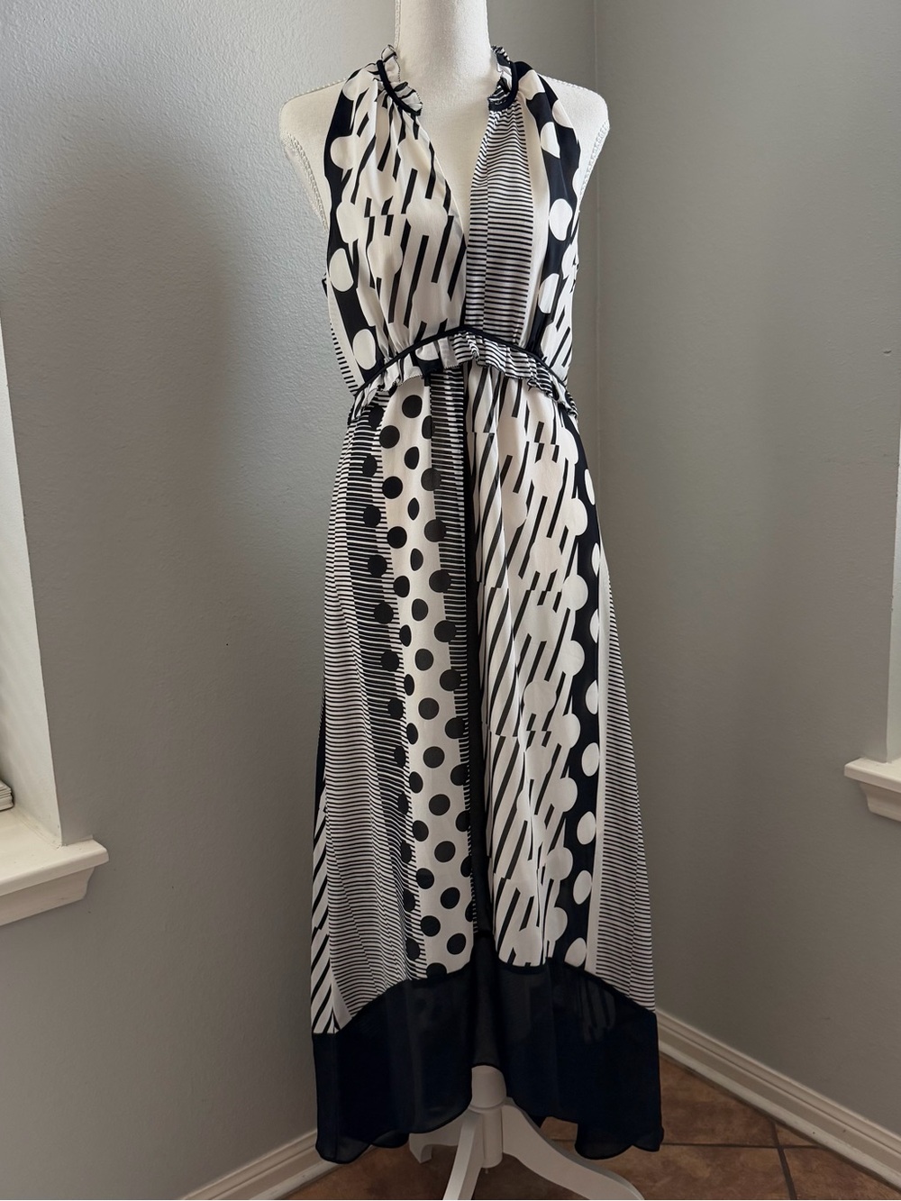 Black & White Patterned Halter Maxi Dress